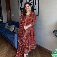 Midnight Elegance Floral Printed Cotton Kurta Set with Dupatta for Women