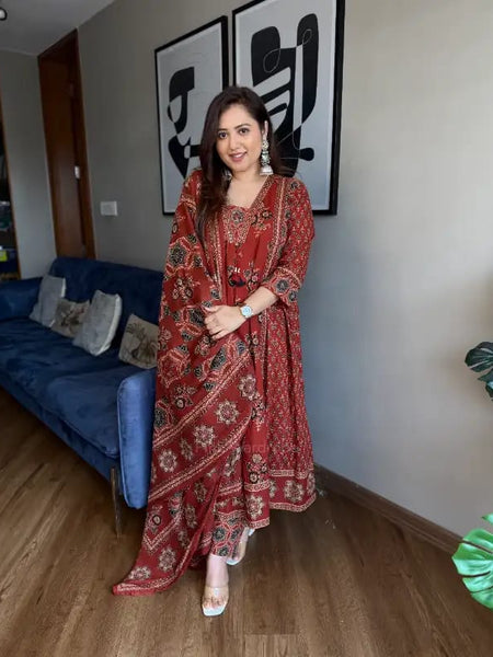 Midnight Elegance Floral Printed Cotton Kurta Set with Dupatta for Women