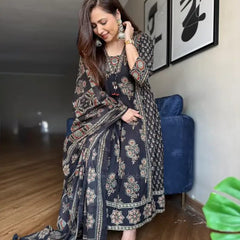 Midnight Elegance Floral Printed Cotton Kurta Set with Dupatta for Women