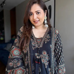 Midnight Elegance Floral Printed Cotton Kurta Set with Dupatta for Women