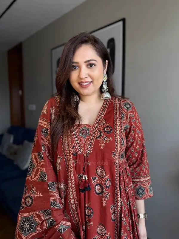 Midnight Elegance Floral Printed Cotton Kurta Set with Dupatta for Women