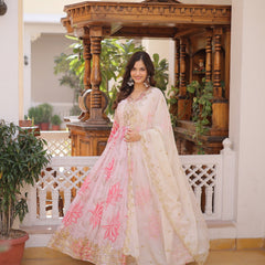 Blush Bloom Embroidered Anarkali Dress with Ivory Dupatta