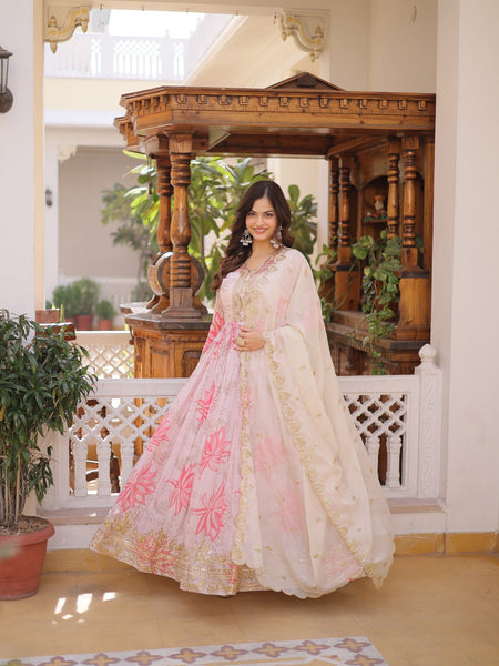 Blush Bloom Embroidered Anarkali Dress with Ivory Dupatta