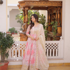 Blush Bloom Embroidered Anarkali Dress with Ivory Dupatta