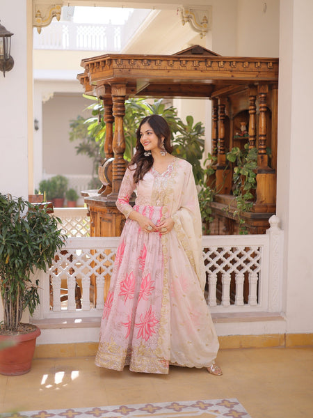 Blush Bloom Embroidered Anarkali Dress with Ivory Dupatta