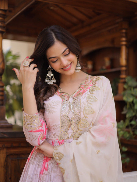 Blush Bloom Embroidered Anarkali Dress with Ivory Dupatta
