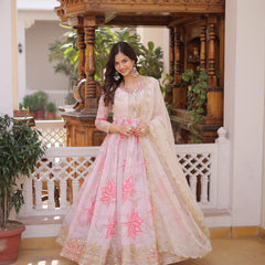 Blush Bloom Embroidered Anarkali Dress with Ivory Dupatta