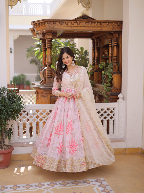 Blush Bloom Embroidered Anarkali Dress with Ivory Dupatta