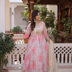 Blush Bloom Embroidered Anarkali Dress with Ivory Dupatta