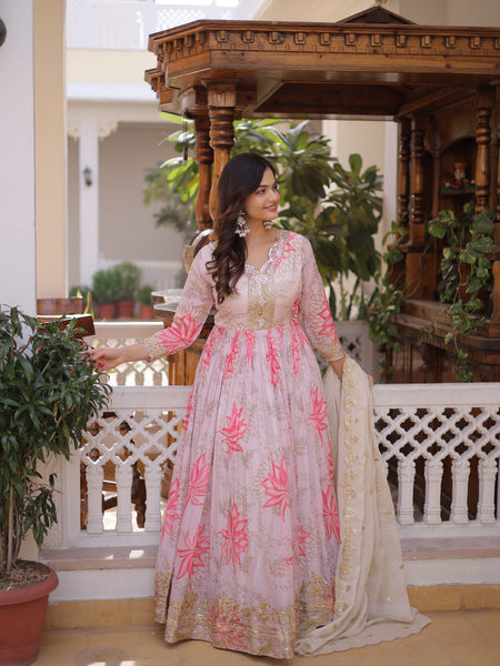 Blush Bloom Embroidered Anarkali Dress with Ivory Dupatta