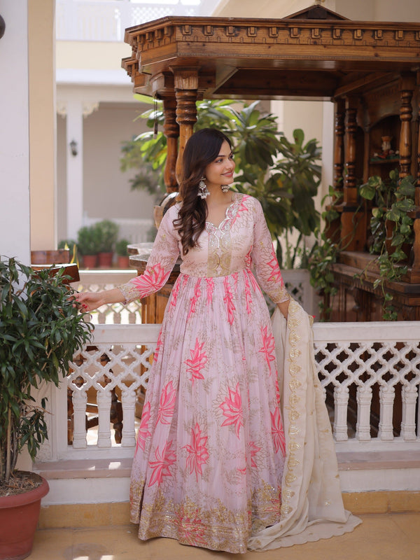 Blush Bloom Embroidered Anarkali Dress with Ivory Dupatta