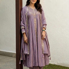 Women's Lavender Embroidered Anarkali Kurta Set with Dupatta