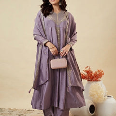 Women's Lavender Embroidered Anarkali Kurta Set with Dupatta