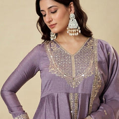 Women's Lavender Embroidered Anarkali Kurta Set with Dupatta