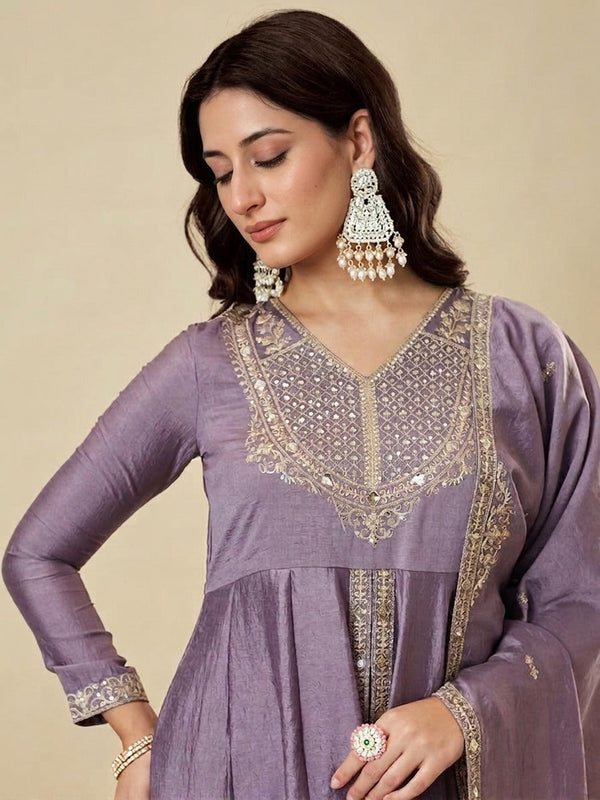 Women's Lavender Embroidered Anarkali Kurta Set with Dupatta