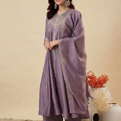 Women's Lavender Embroidered Anarkali Kurta Set with Dupatta