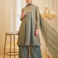 Women's Dusty Teal Embroidered Kurta Palazzo Set with Dupatta