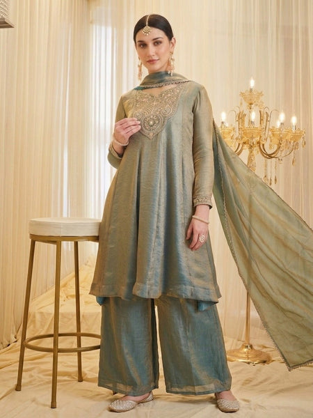 Women's Dusty Teal Embroidered Kurta Palazzo Set with Dupatta