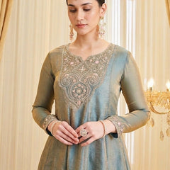 Women's Dusty Teal Embroidered Kurta Palazzo Set with Dupatta