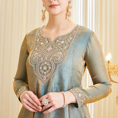 Women's Dusty Teal Embroidered Kurta Palazzo Set with Dupatta
