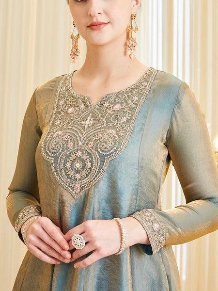 Women's Dusty Teal Embroidered Kurta Palazzo Set with Dupatta