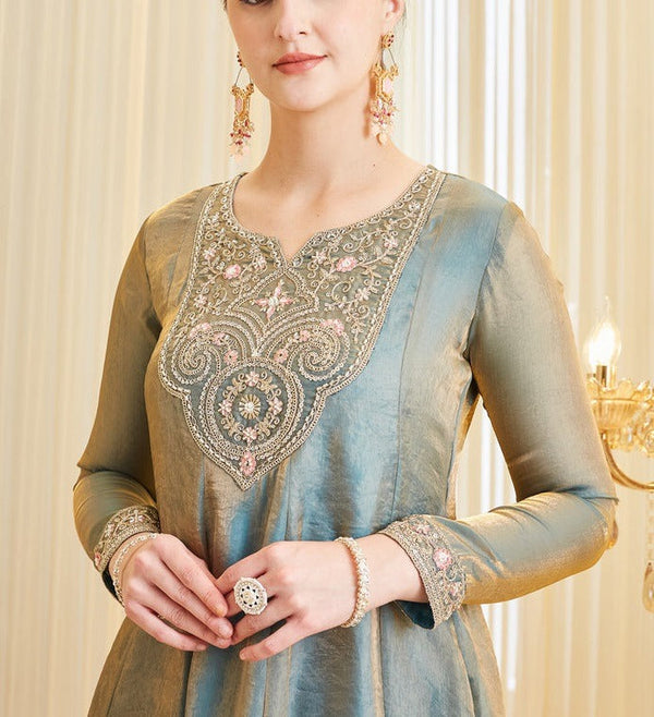 Women's Dusty Teal Embroidered Kurta Palazzo Set with Dupatta