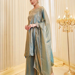 Women's Dusty Teal Embroidered Kurta Palazzo Set with Dupatta