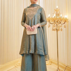 Women's Dusty Teal Embroidered Kurta Palazzo Set with Dupatta