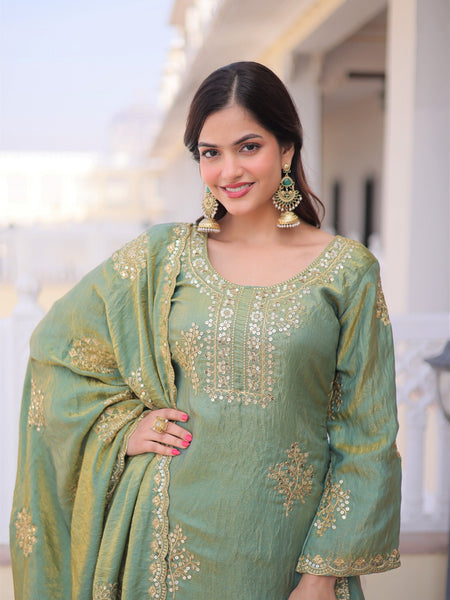 Olive Green Embroidered Kurta Sharara Set with Dupatta