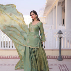 Brown Embroidered Kurta Sharara Set with Dupatta