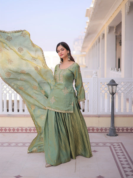 Olive Green Embroidered Kurta Sharara Set with Dupatta