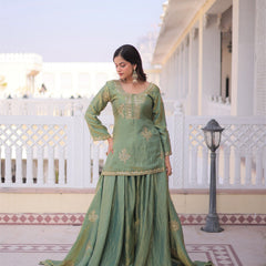 Brown Embroidered Kurta Sharara Set with Dupatta
