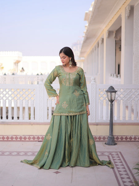 Olive Green Embroidered Kurta Sharara Set with Dupatta