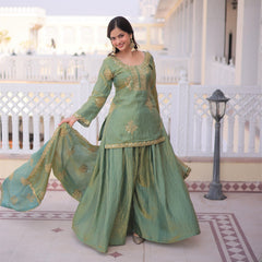 Brown Embroidered Kurta Sharara Set with Dupatta