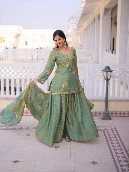 Olive Green Embroidered Kurta Sharara Set with Dupatta