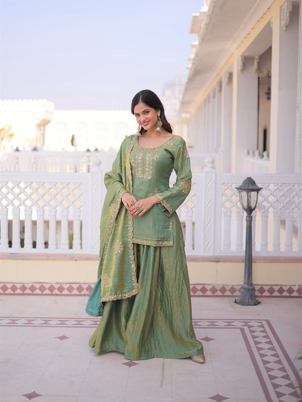 Brown Embroidered Kurta Sharara Set with Dupatta