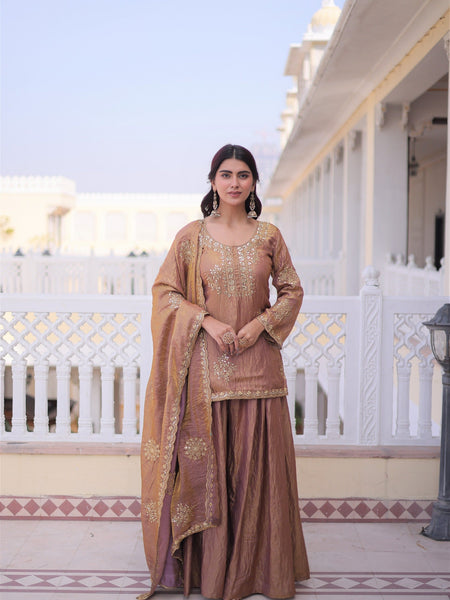 Brown Embroidered Kurta Sharara Set with Dupatta