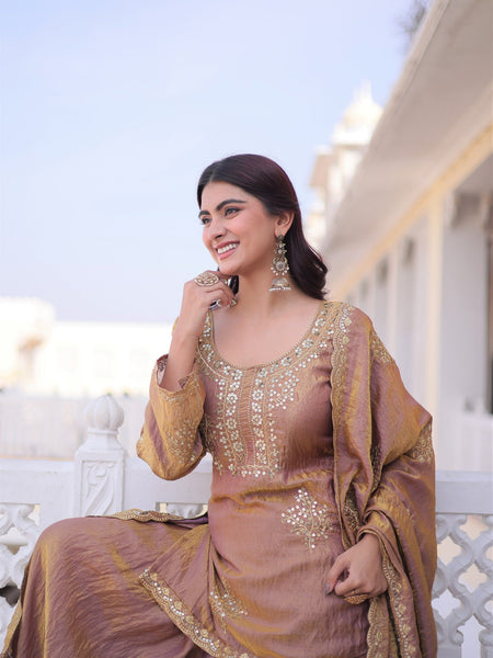 Brown Embroidered Kurta Sharara Set with Dupatta