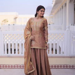 Brown Embroidered Kurta Sharara Set with Dupatta