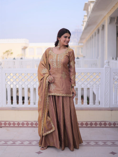 Brown Embroidered Kurta Sharara Set with Dupatta