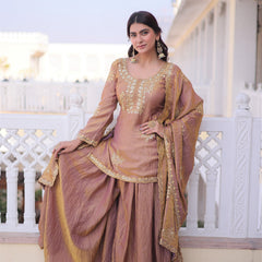 Brown Embroidered Kurta Sharara Set with Dupatta
