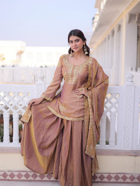 Brown Embroidered Kurta Sharara Set with Dupatta