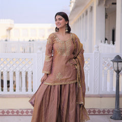 Brown Embroidered Kurta Sharara Set with Dupatta