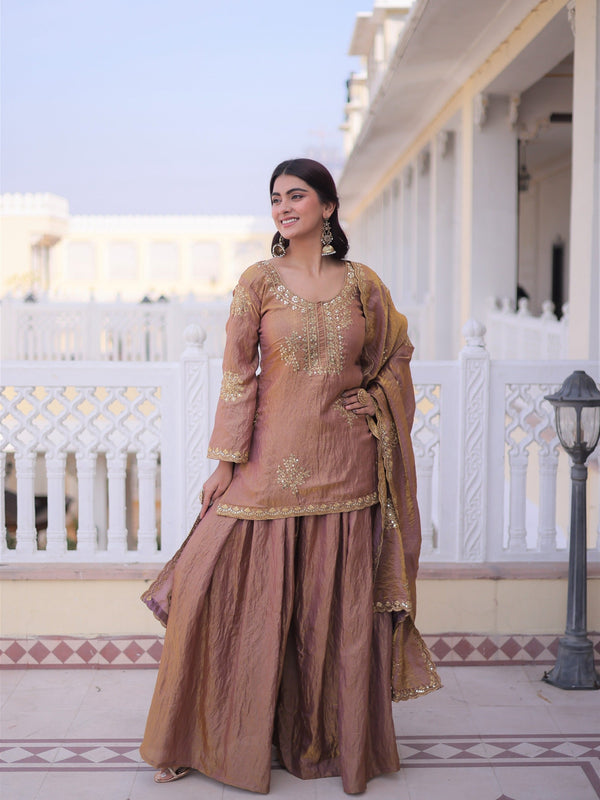 Brown Embroidered Kurta Sharara Set with Dupatta