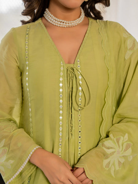 Women’s Green Embroidered Kurta Set with Floral Dupatta