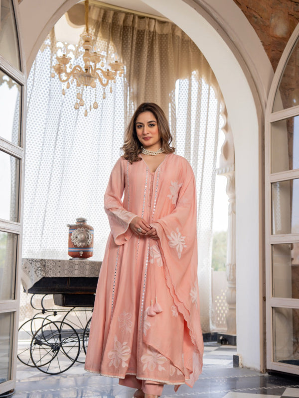 Women’s Pink Embroidered Kurta Set with Floral Dupatta