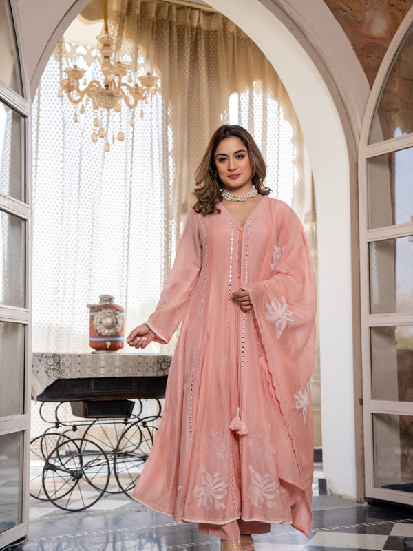 Women’s Pink Embroidered Kurta Set with Floral Dupatta