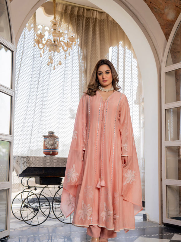 Women’s Pink Embroidered Kurta Set with Floral Dupatta