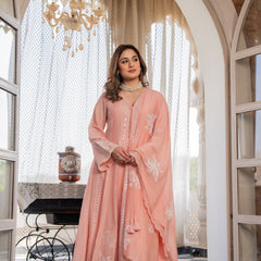 Women’s Pink Embroidered Kurta Set with Floral Dupatta