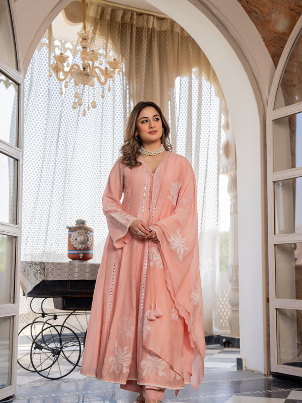 Women’s Pink Embroidered Kurta Set with Floral Dupatta